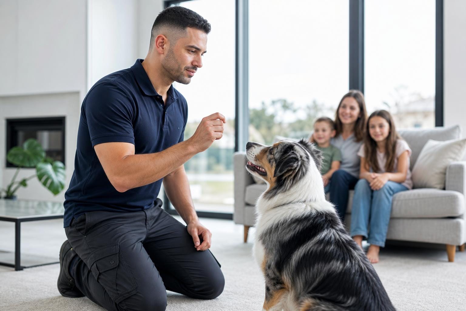 OLK9 Fredericksburg trainer working with a family dog inside a Fredericksburg-area home